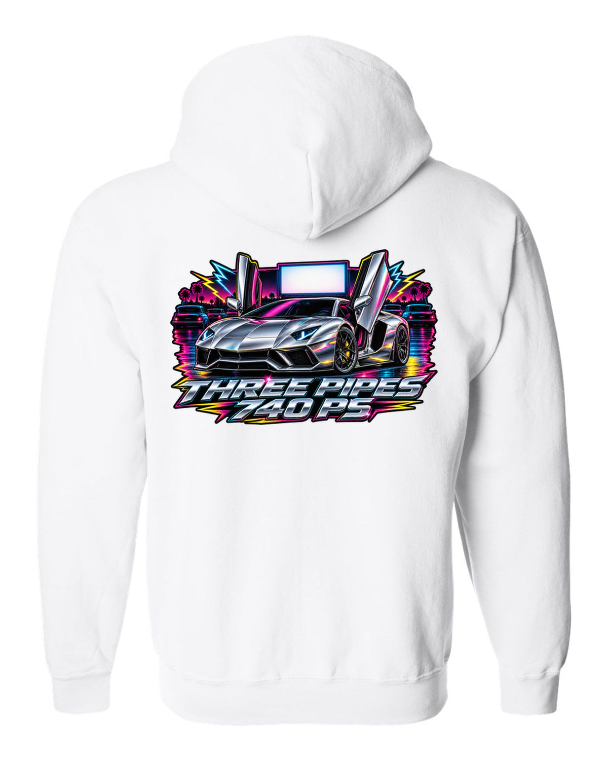 80s airbrush chrome Lamborghini Aventador S LP740-4 with the text THREE PIPES / 740 PS white zip hoodie back view with the design