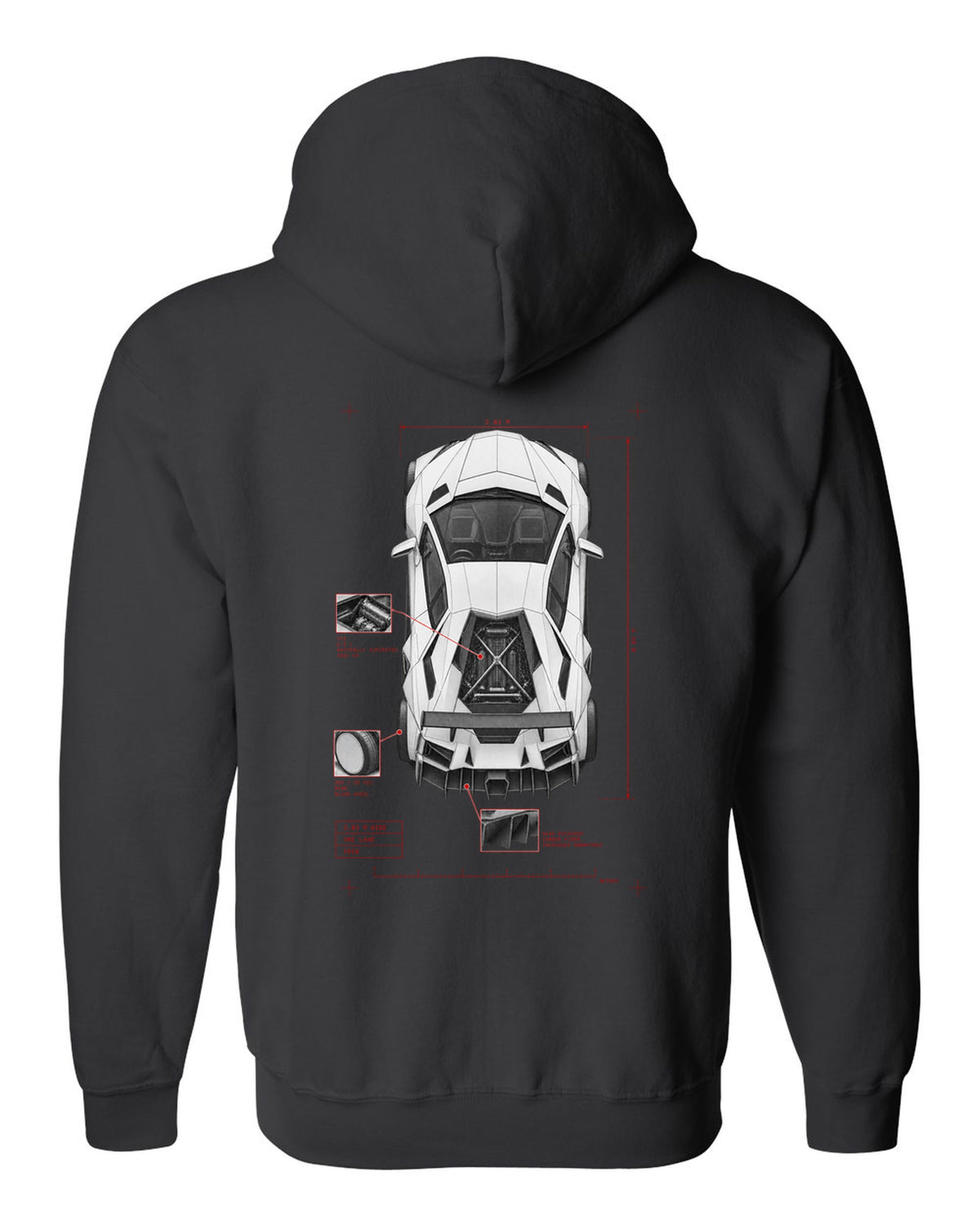 Lamborghini Aventador S LP740-4 spec poster print reading 2.03 M wide, one lane, 2016 black zip hoodie back view with the design