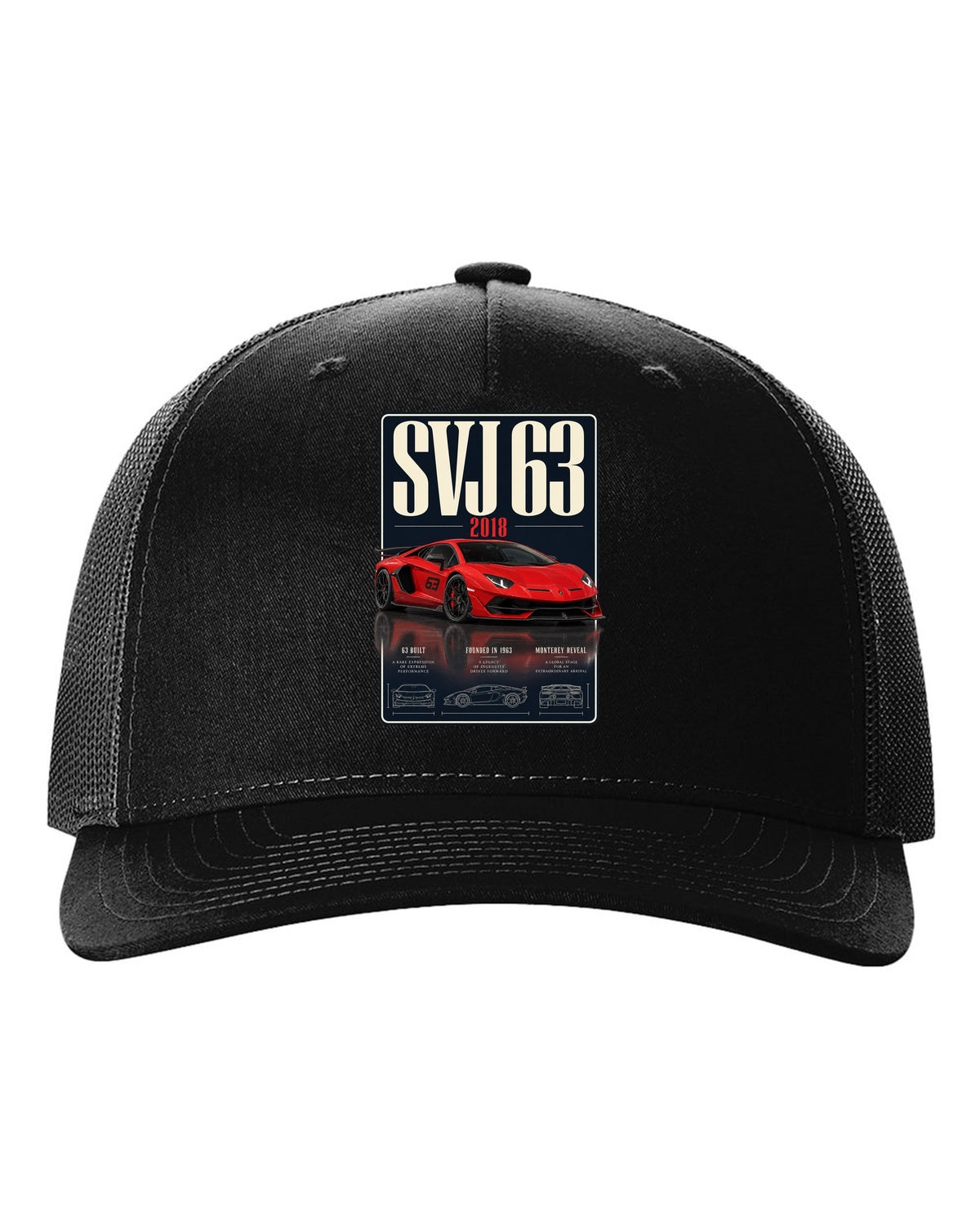Archive panel print of the Lamborghini Aventador SVJ 63 limited edition black hat front view with the design
