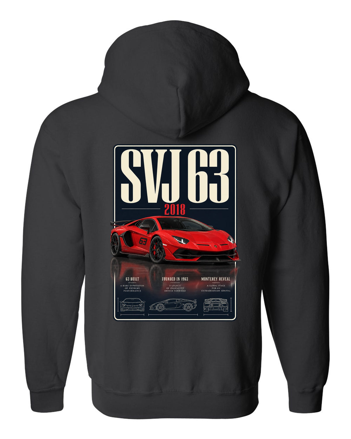 Archive panel print of the Lamborghini Aventador SVJ 63 limited edition black zip hoodie back view with the design