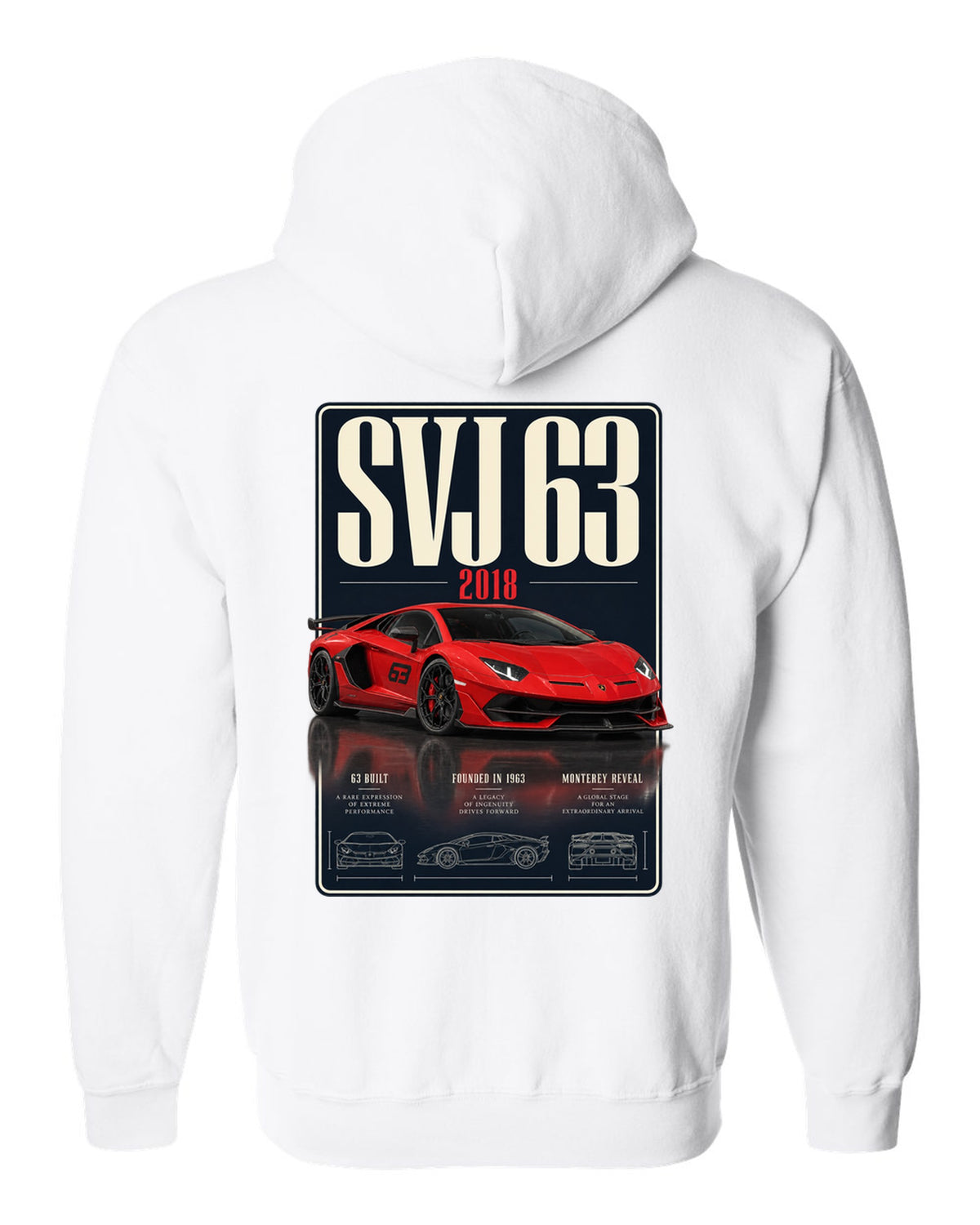 Archive panel print of the Lamborghini Aventador SVJ 63 limited edition white zip hoodie back view with the design