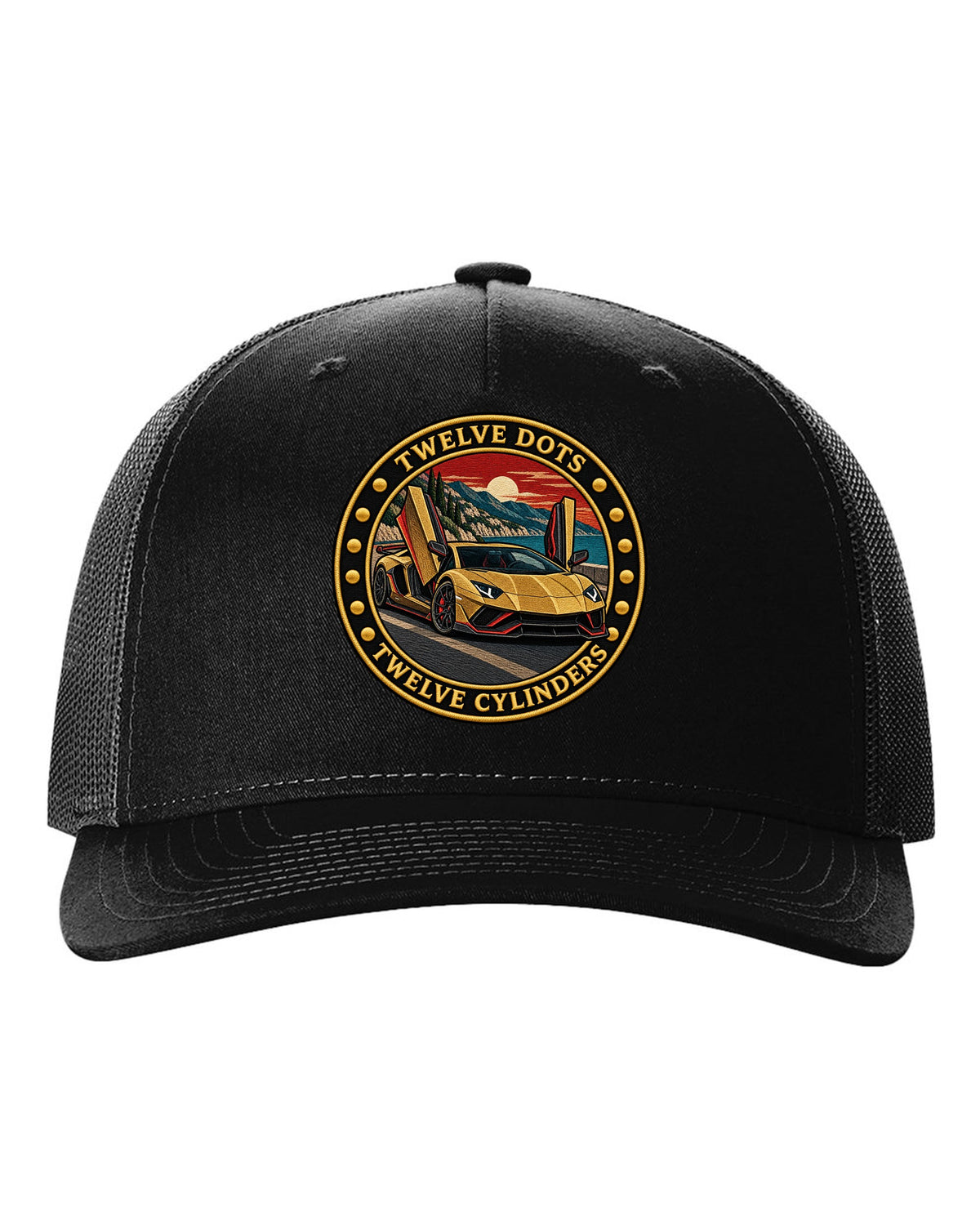 Embroidery-style round crest with a Lamborghini Aventador Ultimae LP780-4 and text TWELVE DOTS / TWELVE CYLINDERS black hat front view with the design