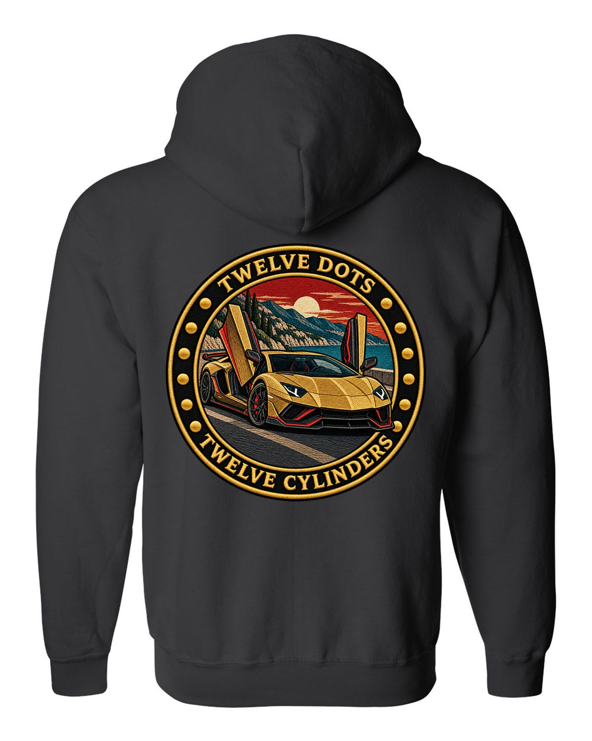 Embroidery-style round crest with a Lamborghini Aventador Ultimae LP780-4 and text TWELVE DOTS / TWELVE CYLINDERS black zip hoodie back view with the design