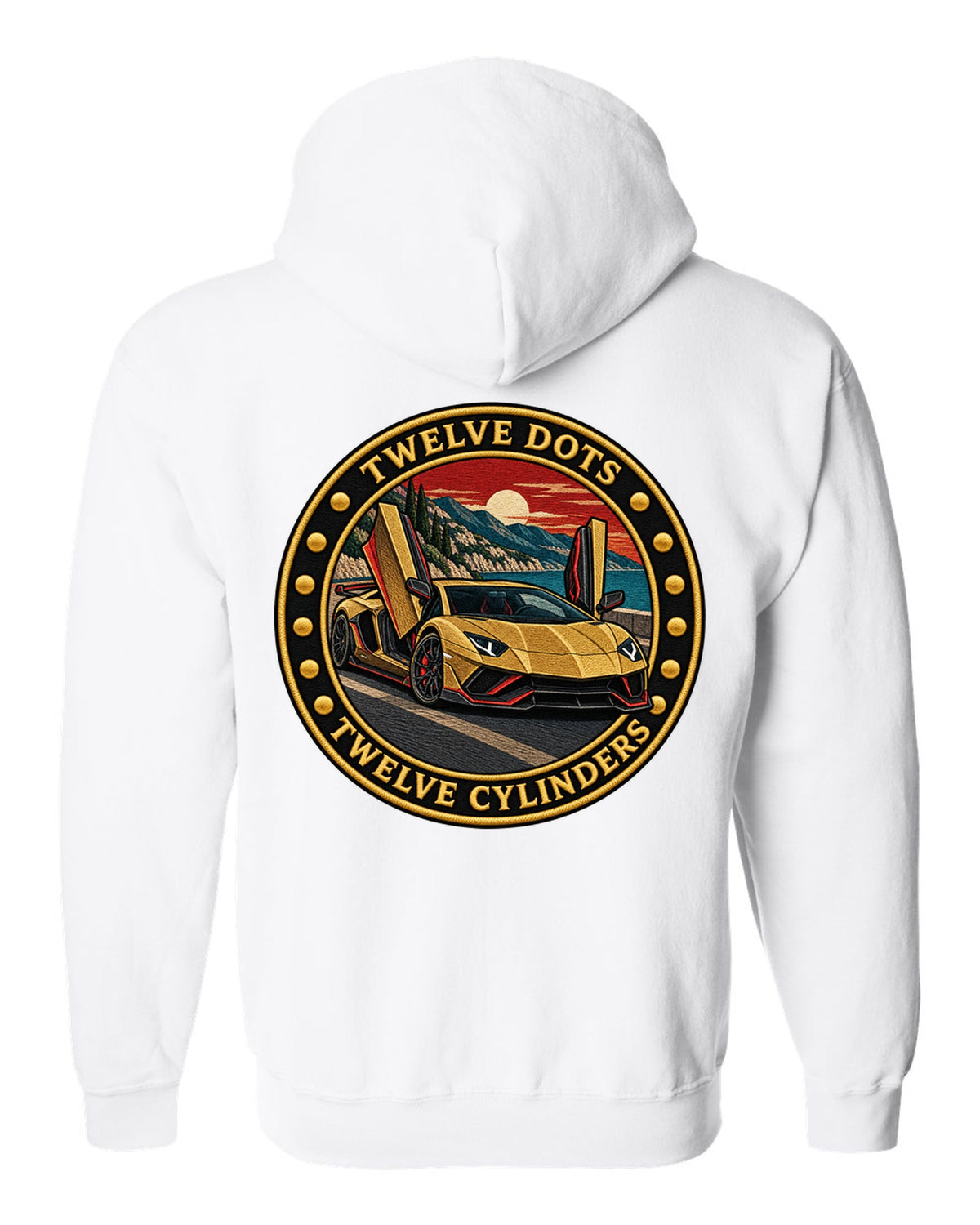 Embroidery-style round crest with a Lamborghini Aventador Ultimae LP780-4 and text TWELVE DOTS / TWELVE CYLINDERS white zip hoodie back view with the design