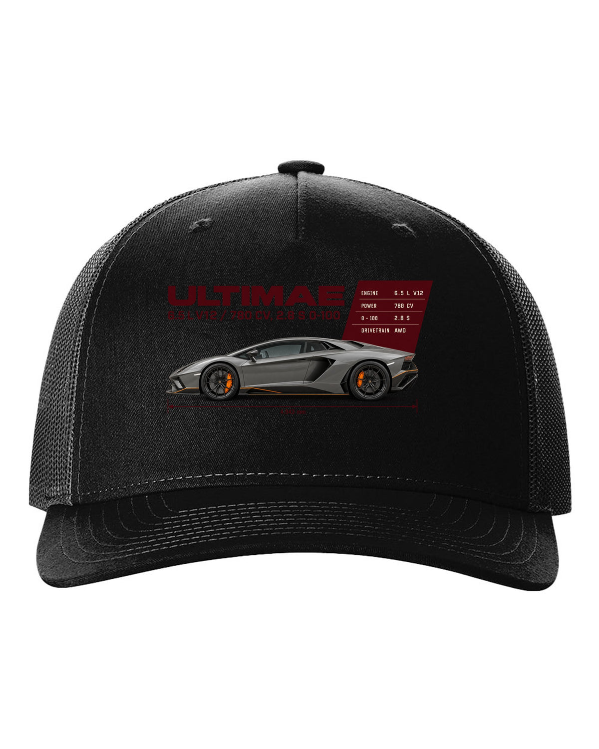Spec poster print of the Lamborghini Aventador Ultimae with V12 figures black hat front view with the design