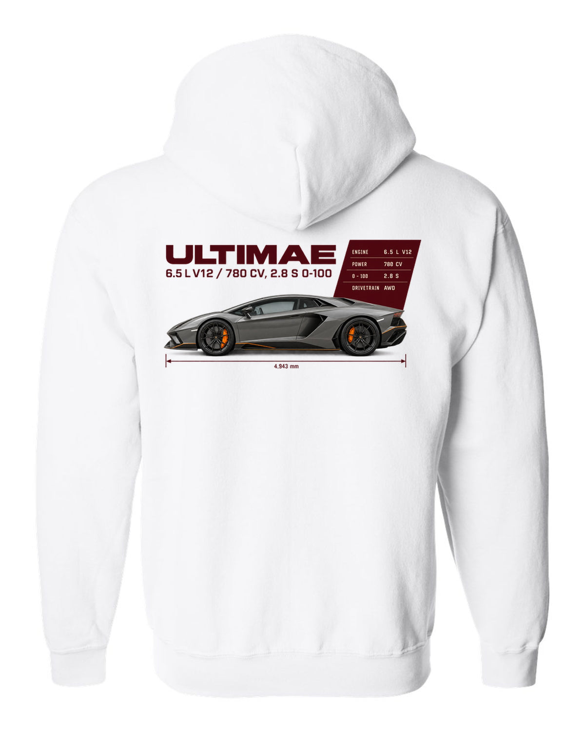 Spec poster print of the Lamborghini Aventador Ultimae with V12 figures white zip hoodie back view with the design
