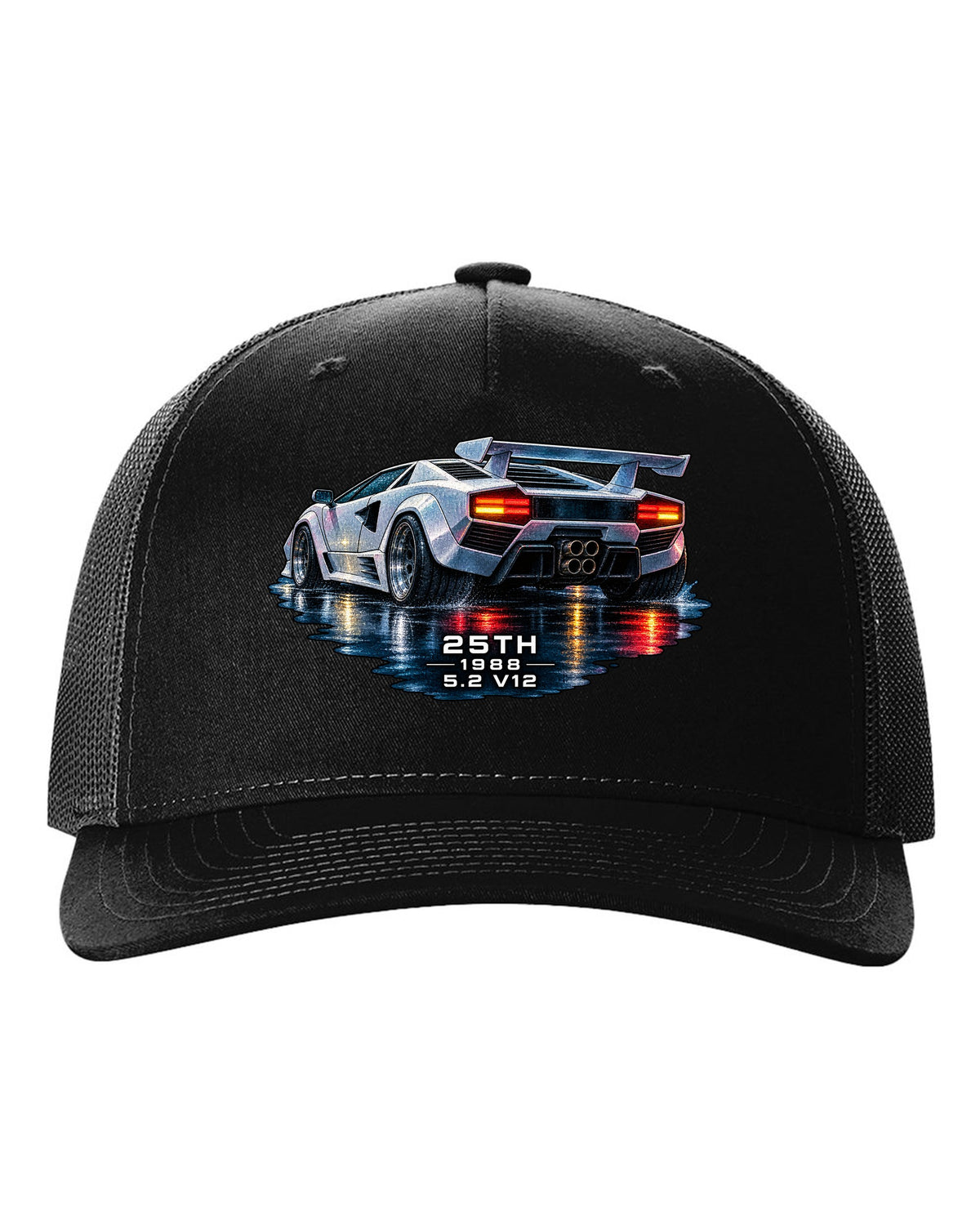 Watercolour wet-road night scene of a Lamborghini Countach 25th Anniversary with 25th 1988 5.2 V12 text black hat front view with the design