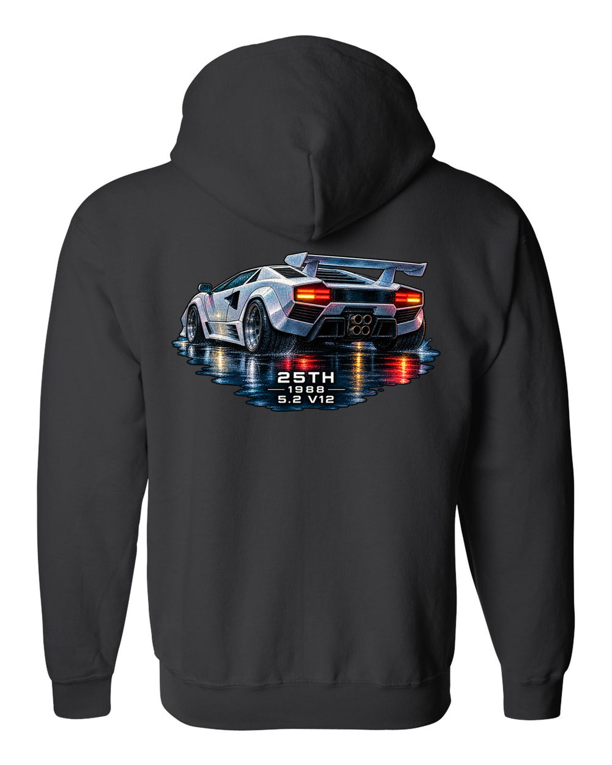 Watercolour wet-road night scene of a Lamborghini Countach 25th Anniversary with 25th 1988 5.2 V12 text black zip hoodie back view with the design