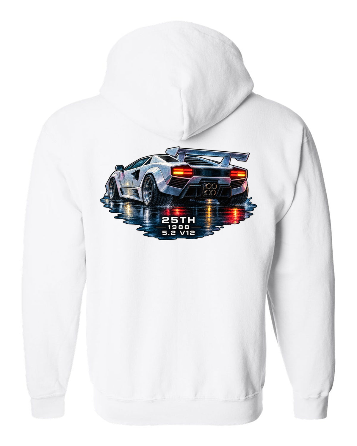 Watercolour wet-road night scene of a Lamborghini Countach 25th Anniversary with 25th 1988 5.2 V12 text white zip hoodie back view with the design
