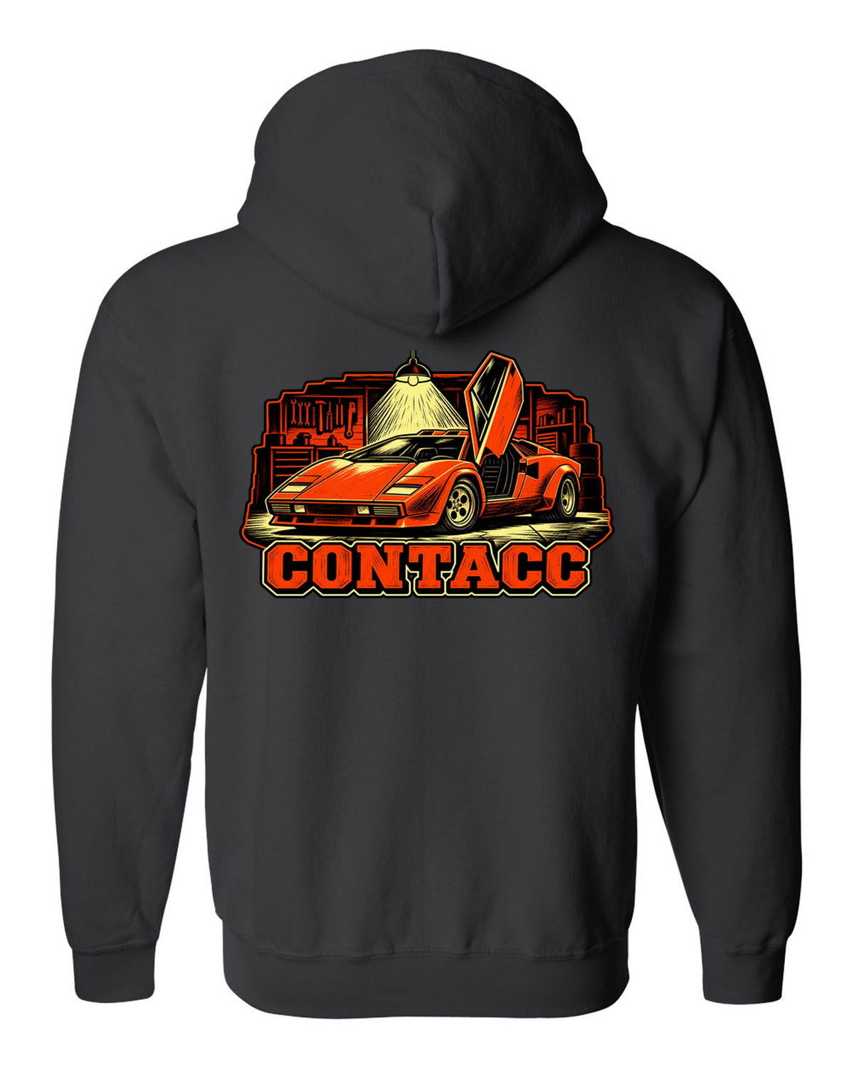 Linocut woodcut print of a 1974 Lamborghini Countach LP400 in a garage under one bulb black zip hoodie back view with the design