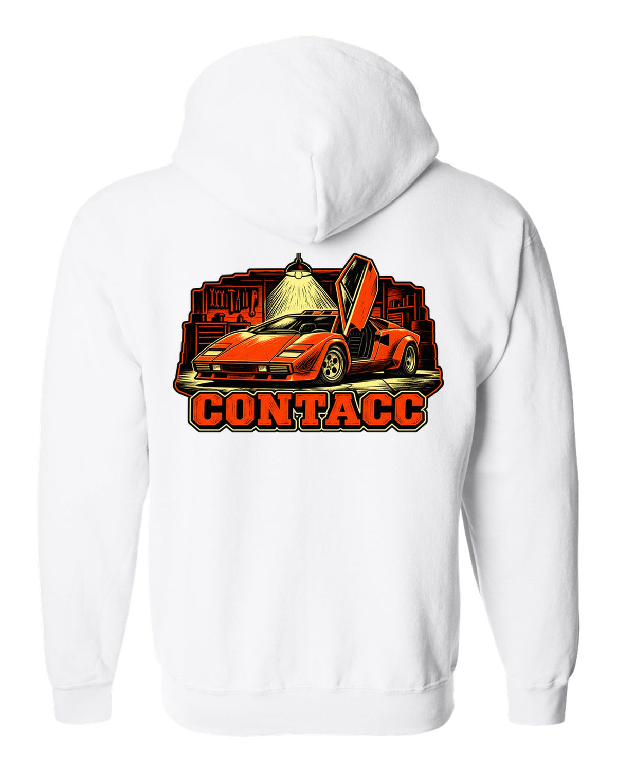 Linocut woodcut print of a 1974 Lamborghini Countach LP400 in a garage under one bulb white zip hoodie back view with the design