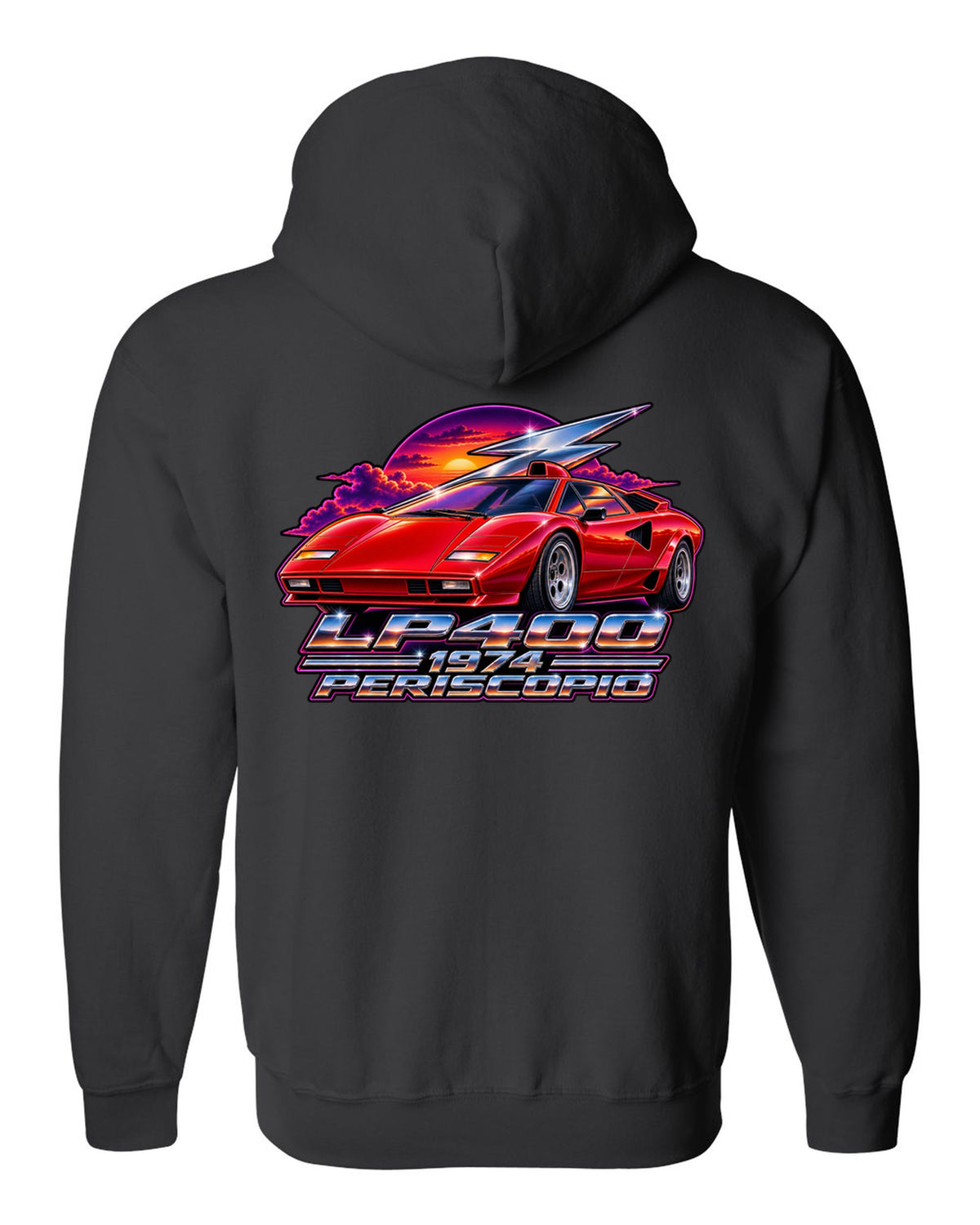 80s airbrush chrome style Lamborghini Countach LP400 with LP400 1974 Periscopio text black zip hoodie back view with the design