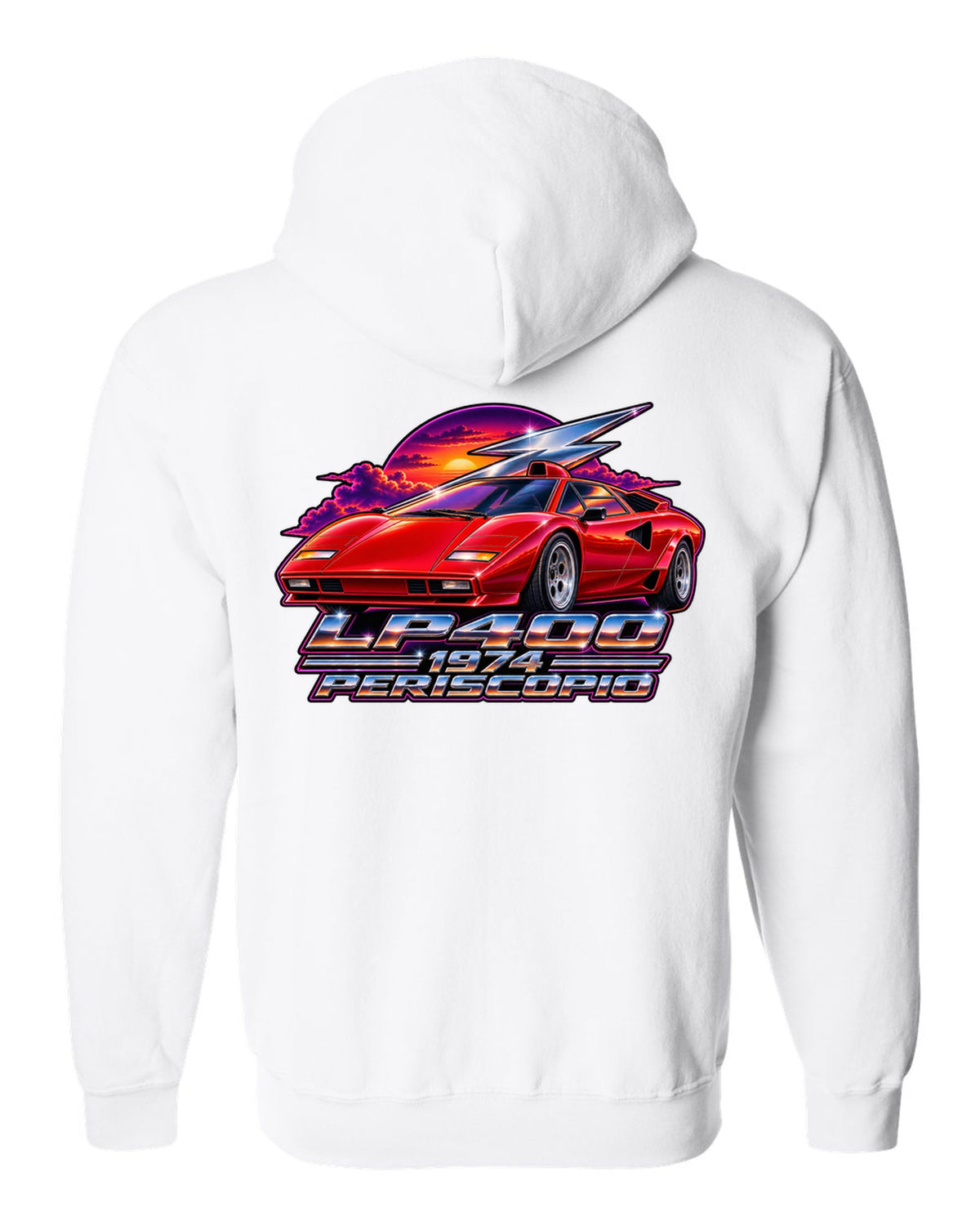 80s airbrush chrome style Lamborghini Countach LP400 with LP400 1974 Periscopio text white zip hoodie back view with the design