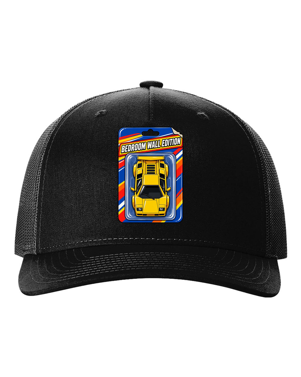 Top-down Lamborghini Countach LP400 S on a toy blister card labelled Bedroom Wall Edition black hat front view with the design
