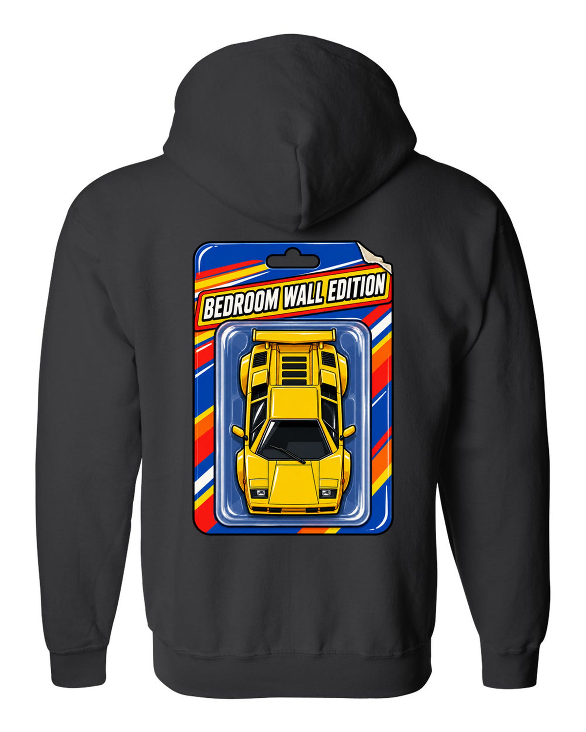 Top-down Lamborghini Countach LP400 S on a toy blister card labelled Bedroom Wall Edition black zip hoodie back view with the design