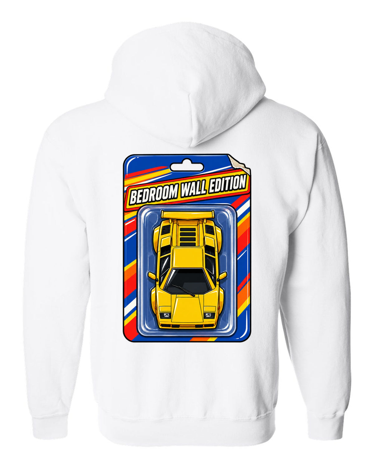 Top-down Lamborghini Countach LP400 S on a toy blister card labelled Bedroom Wall Edition white zip hoodie back view with the design
