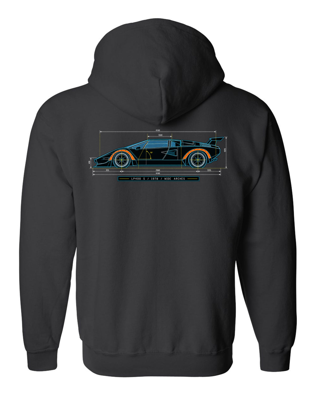 Blueprint patent line art of a Lamborghini Countach LP400 S 1978 with wide arches text black zip hoodie back view with the design