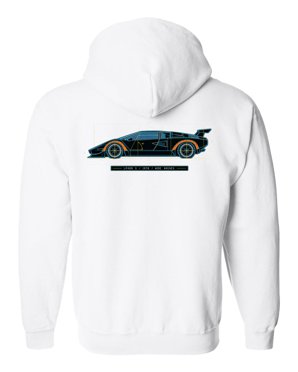 Blueprint patent line art of a Lamborghini Countach LP400 S 1978 with wide arches text white zip hoodie back view with the design