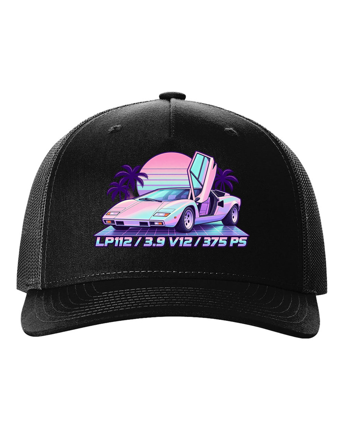 Pastel vaporwave Lamborghini Countach LP400 with LP112, 3.9 V12 and 375 PS lettering black hat front view with the design