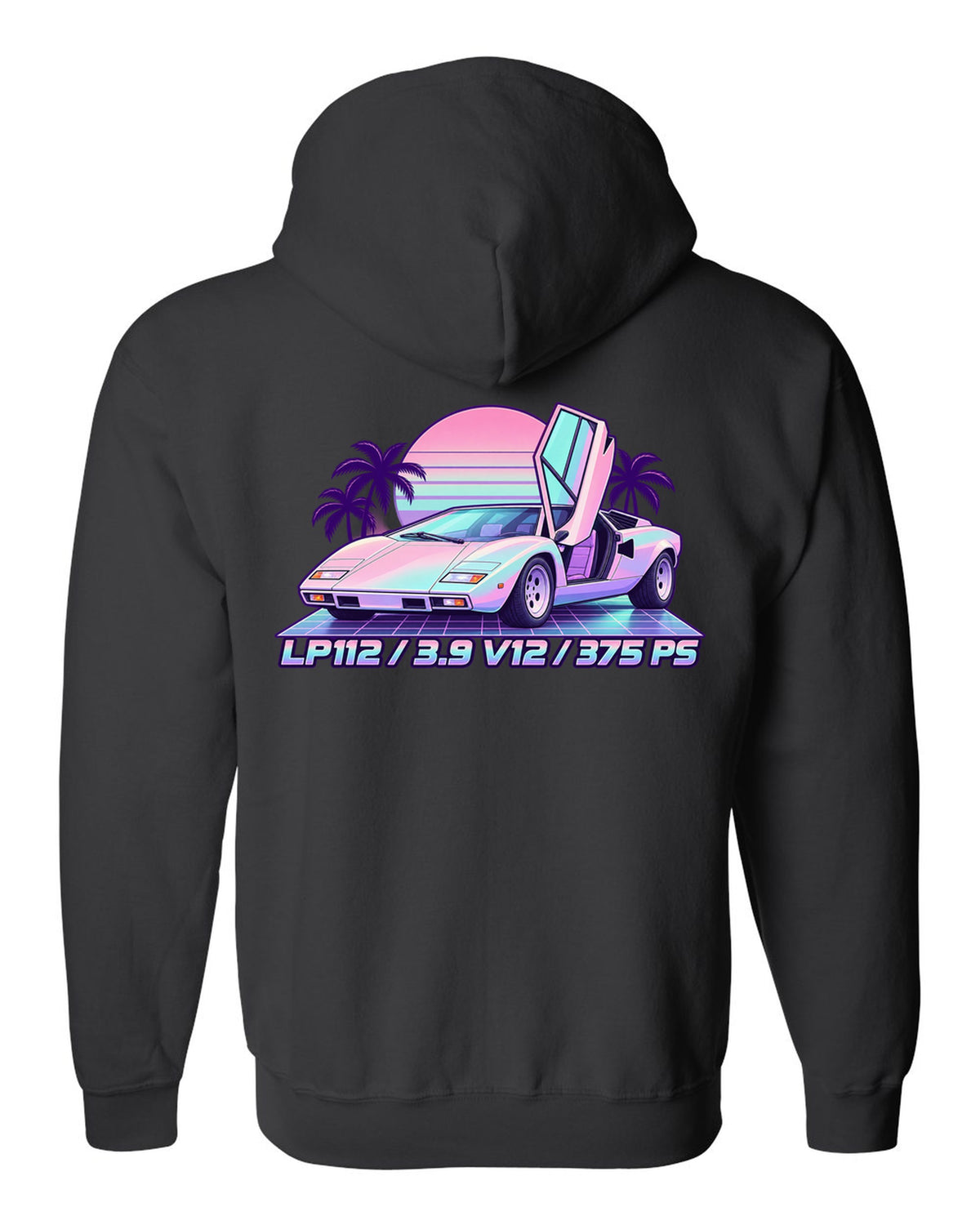 Pastel vaporwave Lamborghini Countach LP400 with LP112, 3.9 V12 and 375 PS lettering black zip hoodie back view with the design