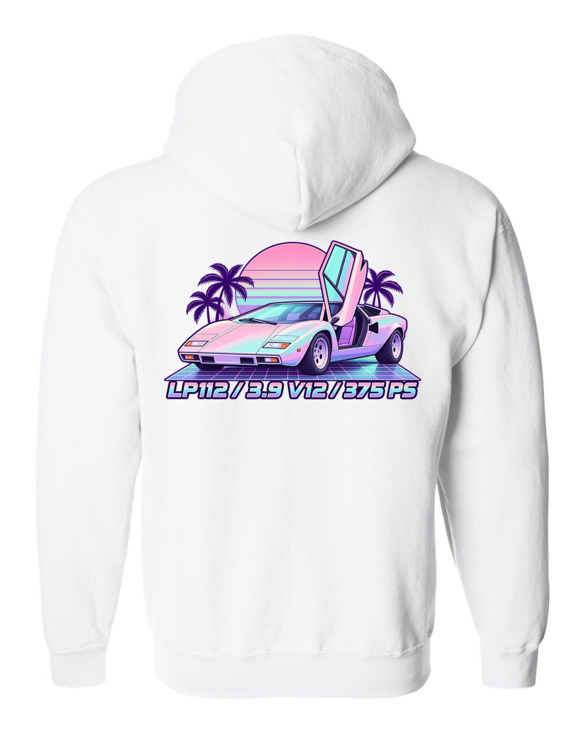 Pastel vaporwave Lamborghini Countach LP400 with LP112, 3.9 V12 and 375 PS lettering white zip hoodie back view with the design