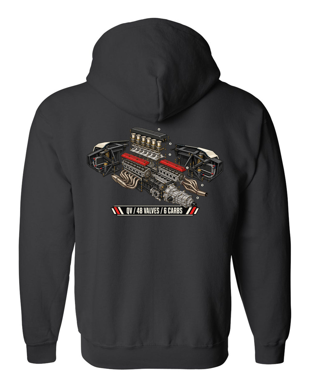 Exploded engine cutaway of a 1985 Lamborghini Countach LP5000 QV with 48 valves and 6 carbs lettering black zip hoodie back view with the design