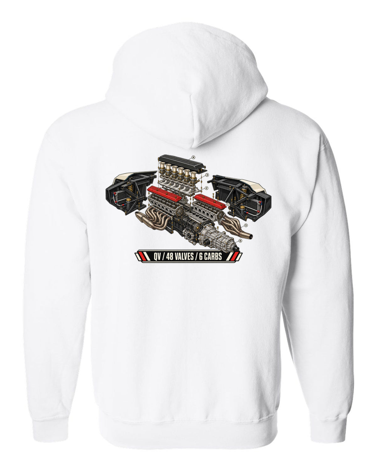 Exploded engine cutaway of a 1985 Lamborghini Countach LP5000 QV with 48 valves and 6 carbs lettering white zip hoodie back view with the design