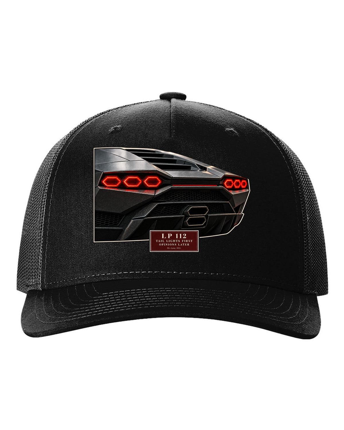 Lamborghini Countach LPI 800-4 taillight macro print with LP 112 lettering black hat front view with the design