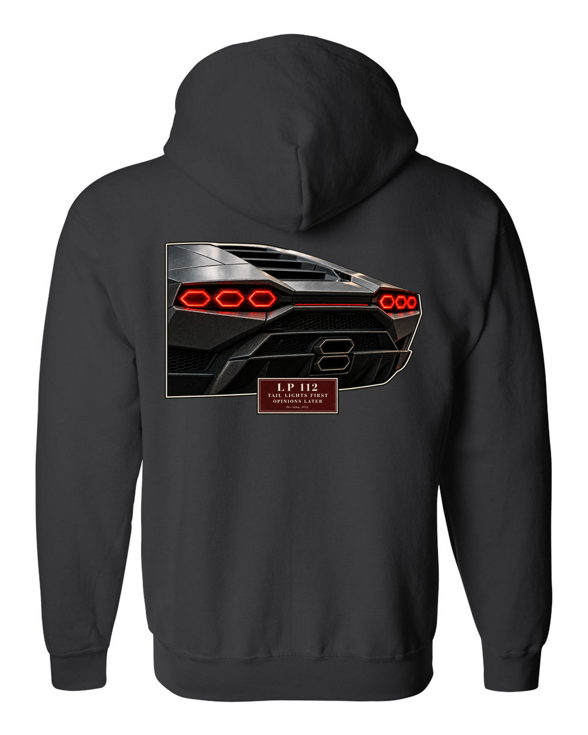 Lamborghini Countach LPI 800-4 taillight macro print with LP 112 lettering black zip hoodie back view with the design