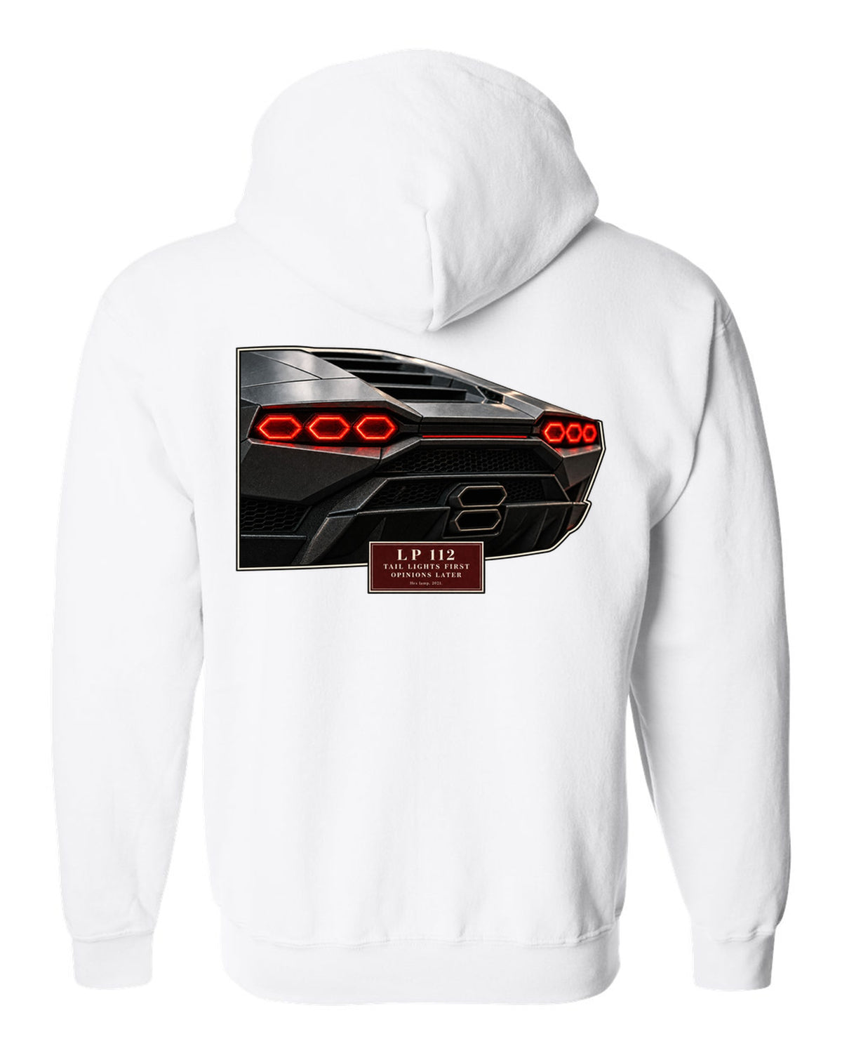 Lamborghini Countach LPI 800-4 taillight macro print with LP 112 lettering white zip hoodie back view with the design
