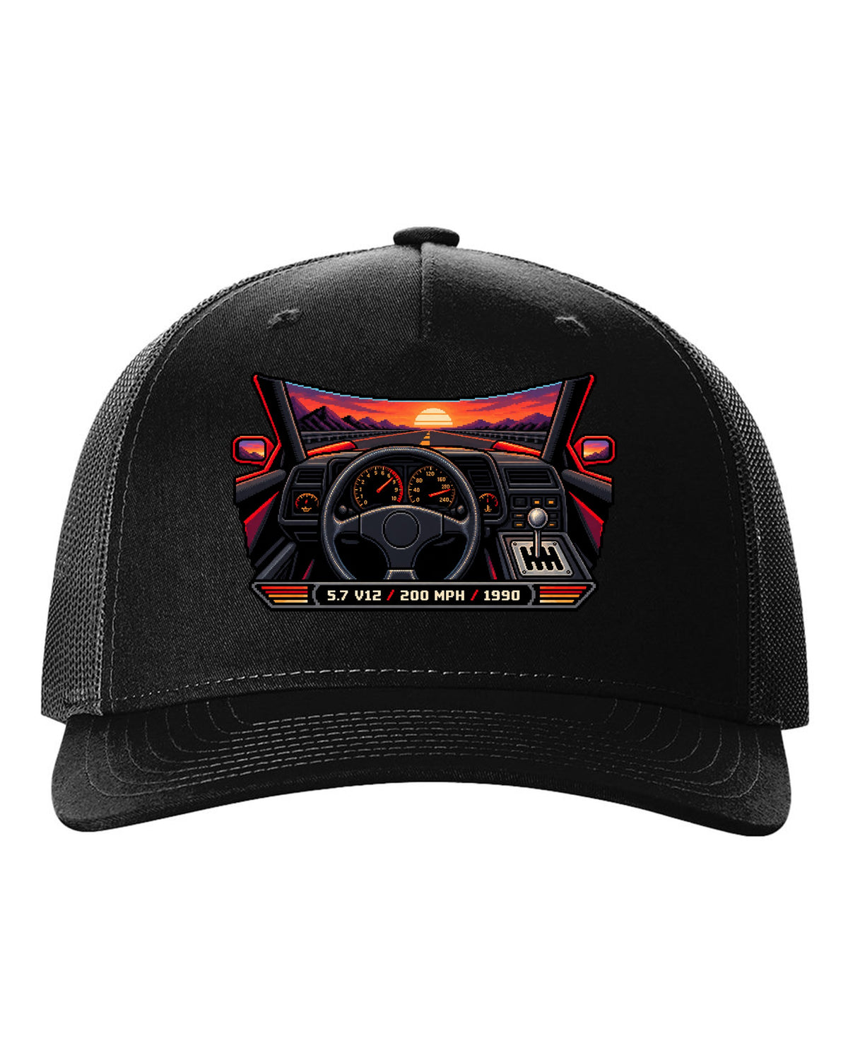 Pixel art Lamborghini Diablo from 1990 with gated shifter and 5.7 V12 200 MPH lettering black hat front view with the design