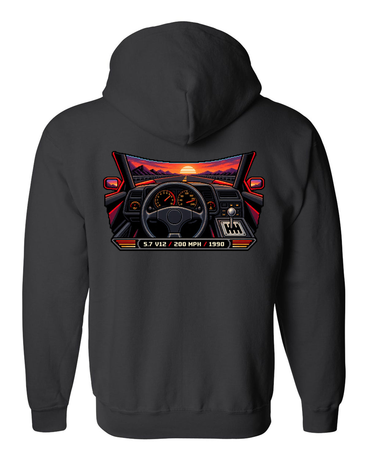 Pixel art Lamborghini Diablo from 1990 with gated shifter and 5.7 V12 200 MPH lettering black zip hoodie back view with the design