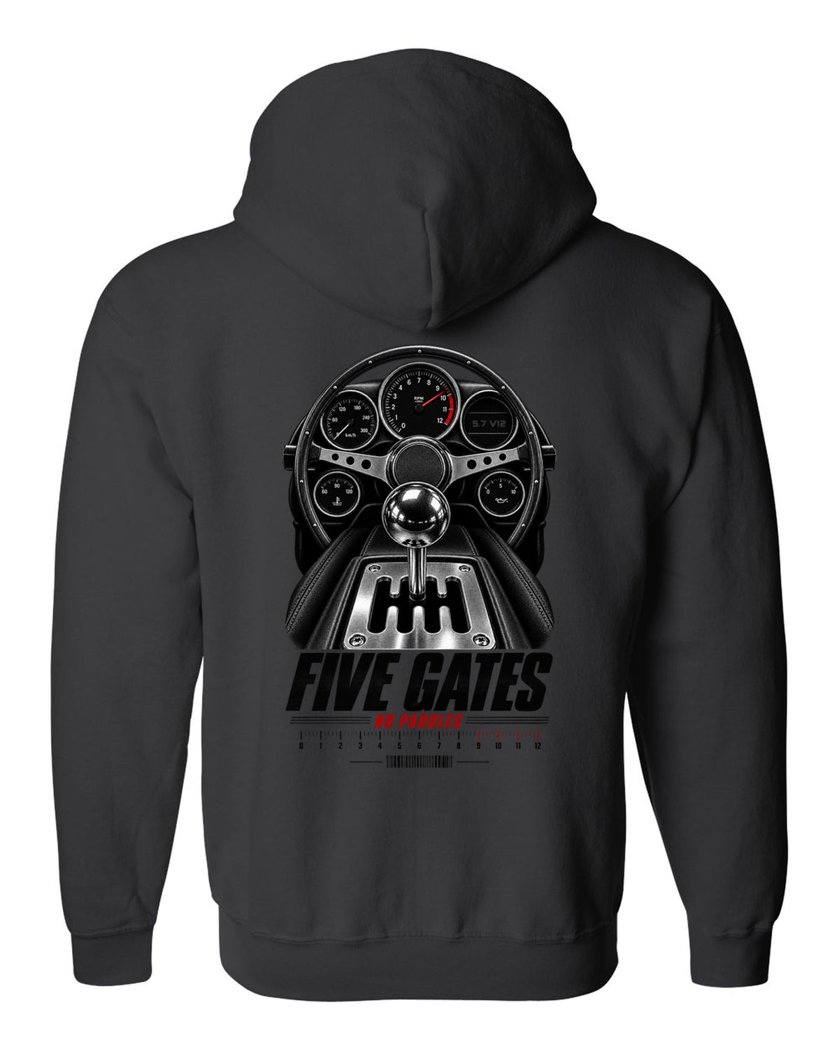print of a Lamborghini Diablo cockpit with gated five-speed shifter and 5.7 V12 text black zip hoodie back view with the design