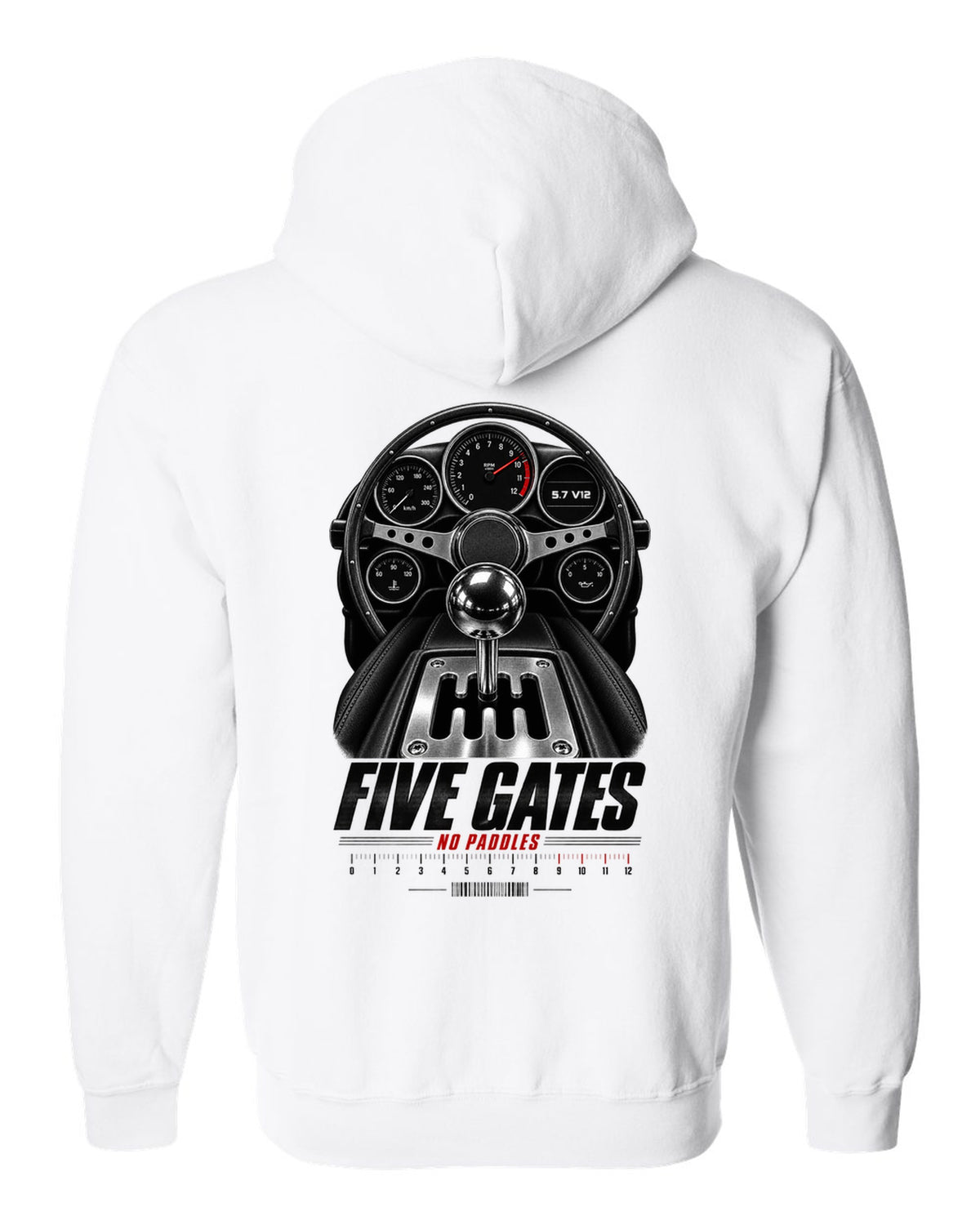 print of a Lamborghini Diablo cockpit with gated five-speed shifter and 5.7 V12 text white zip hoodie back view with the design