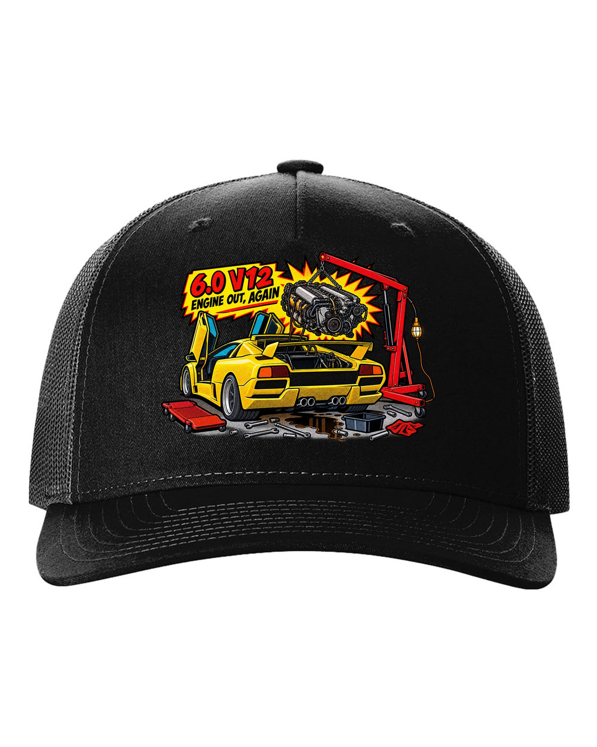 Comic halftone pop-art Lamborghini Diablo GT in a workshop with 6.0 V12 engine out again lettering black hat front view with the design