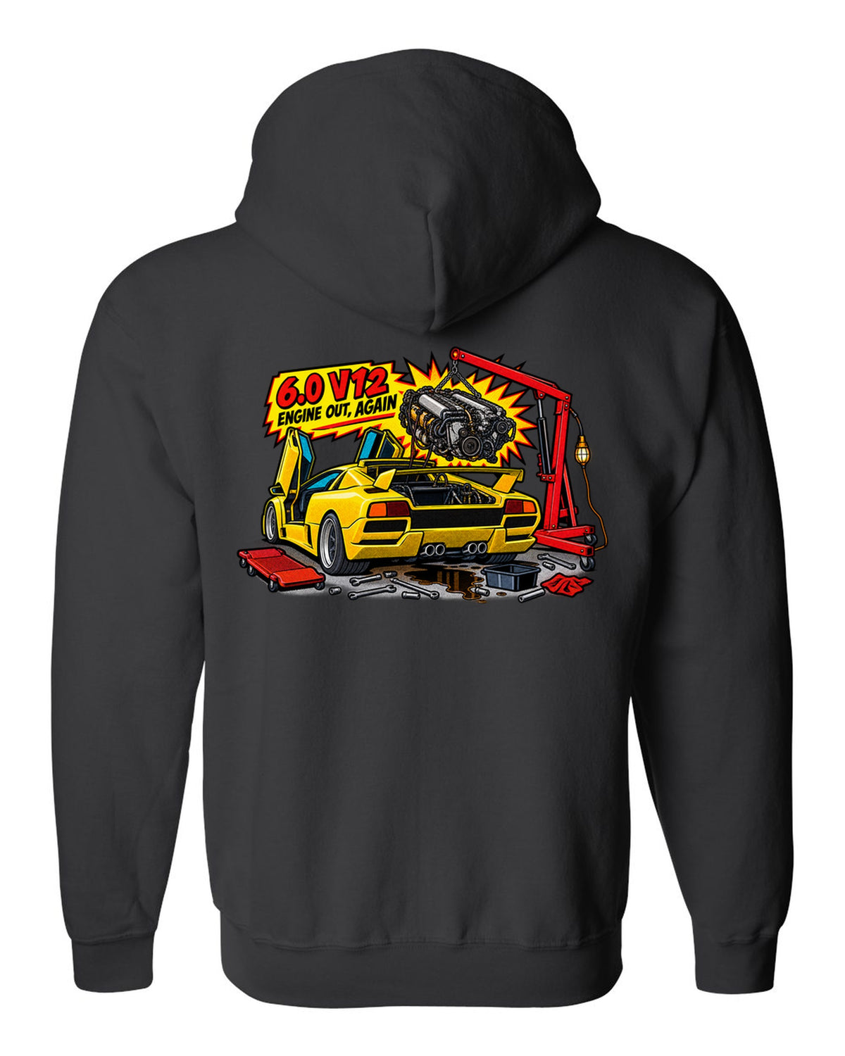 Comic halftone pop-art Lamborghini Diablo GT in a workshop with 6.0 V12 engine out again lettering black zip hoodie back view with the design