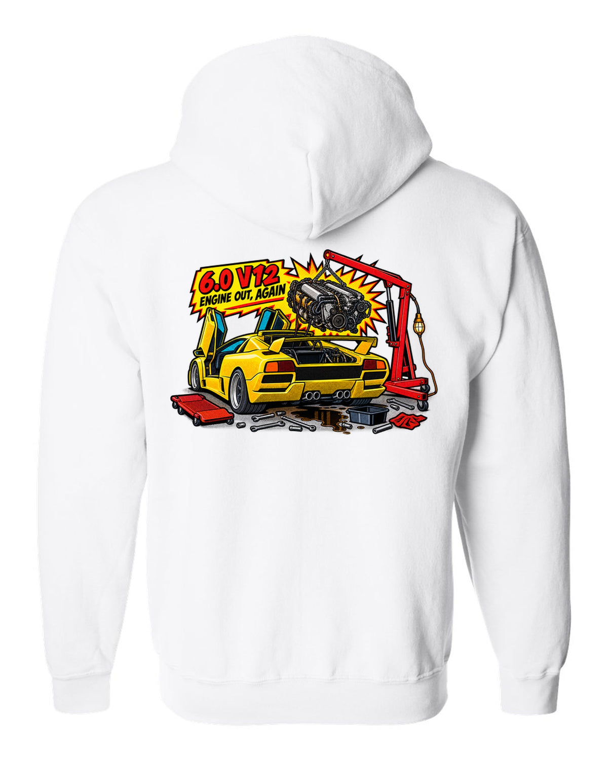 Comic halftone pop-art Lamborghini Diablo GT in a workshop with 6.0 V12 engine out again lettering white zip hoodie back view with the design
