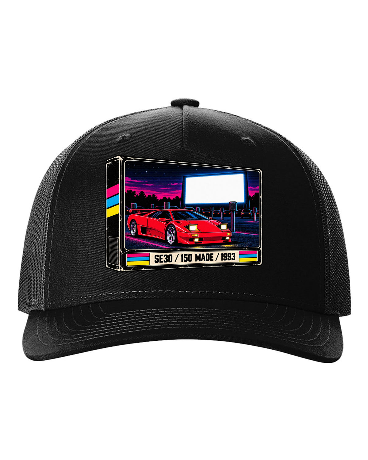 VHS cassette packaging style print of a 1993 Lamborghini Diablo SE30 with 150 made lettering black hat front view with the design