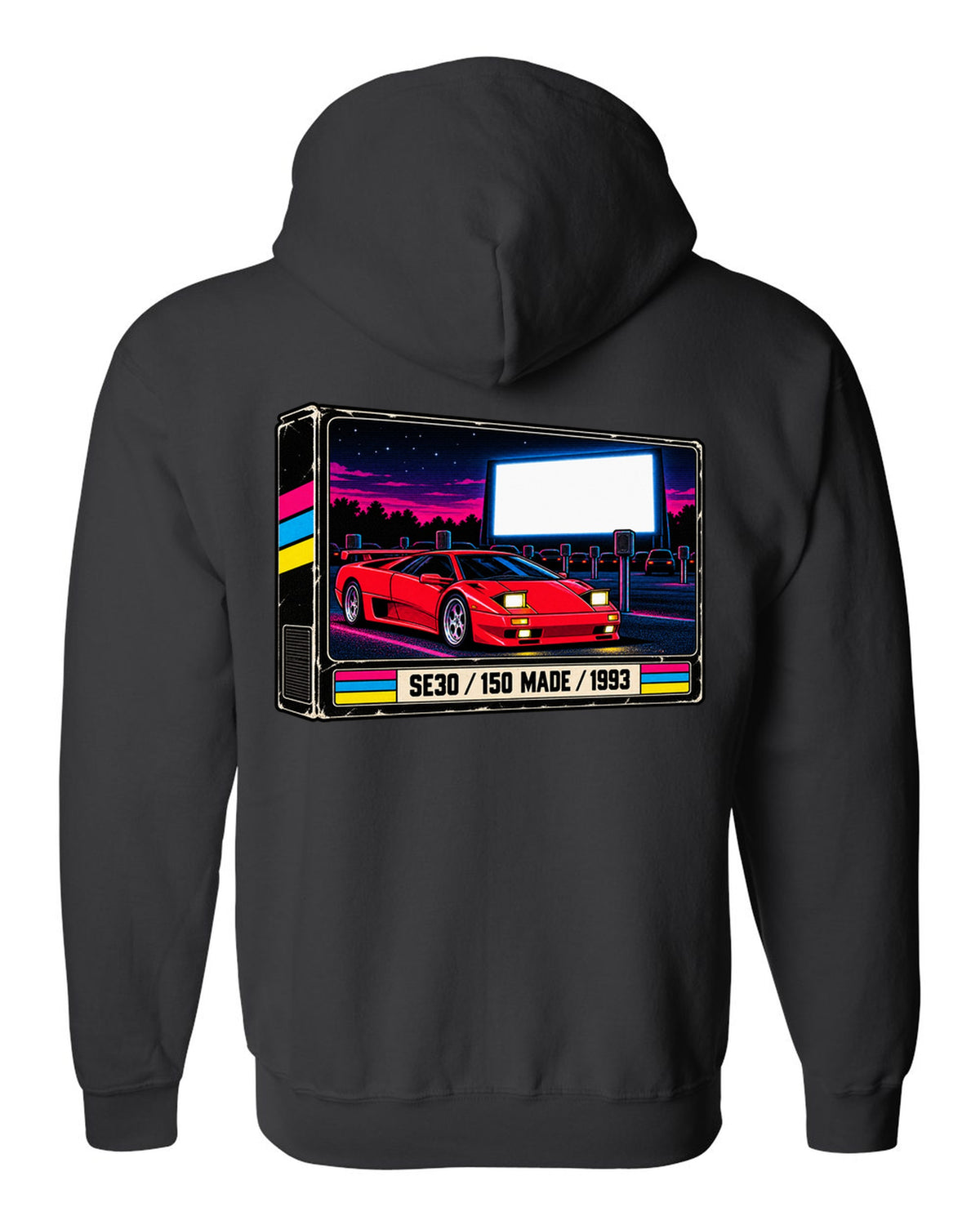 VHS cassette packaging style print of a 1993 Lamborghini Diablo SE30 with 150 made lettering black zip hoodie back view with the design