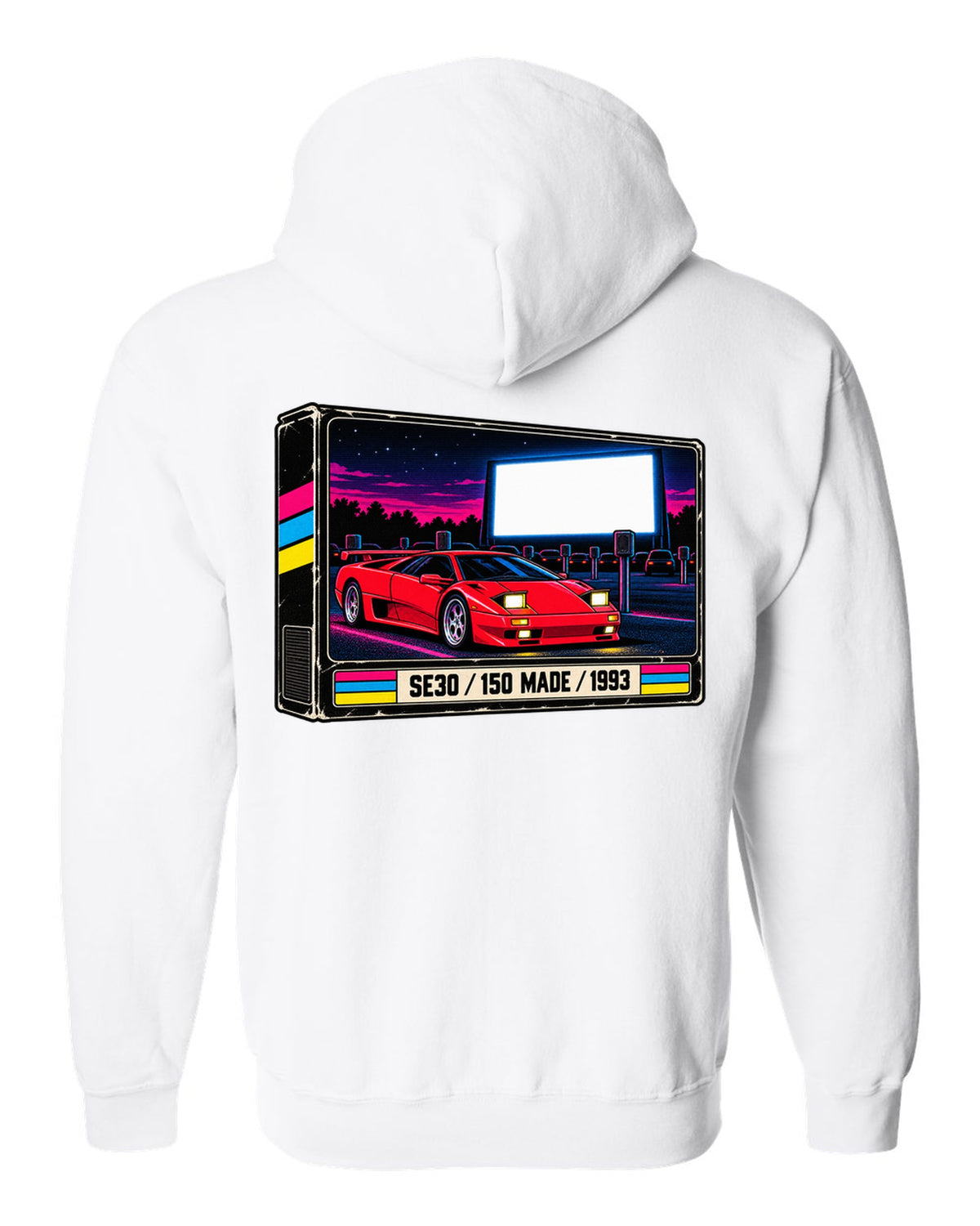 VHS cassette packaging style print of a 1993 Lamborghini Diablo SE30 with 150 made lettering white zip hoodie back view with the design