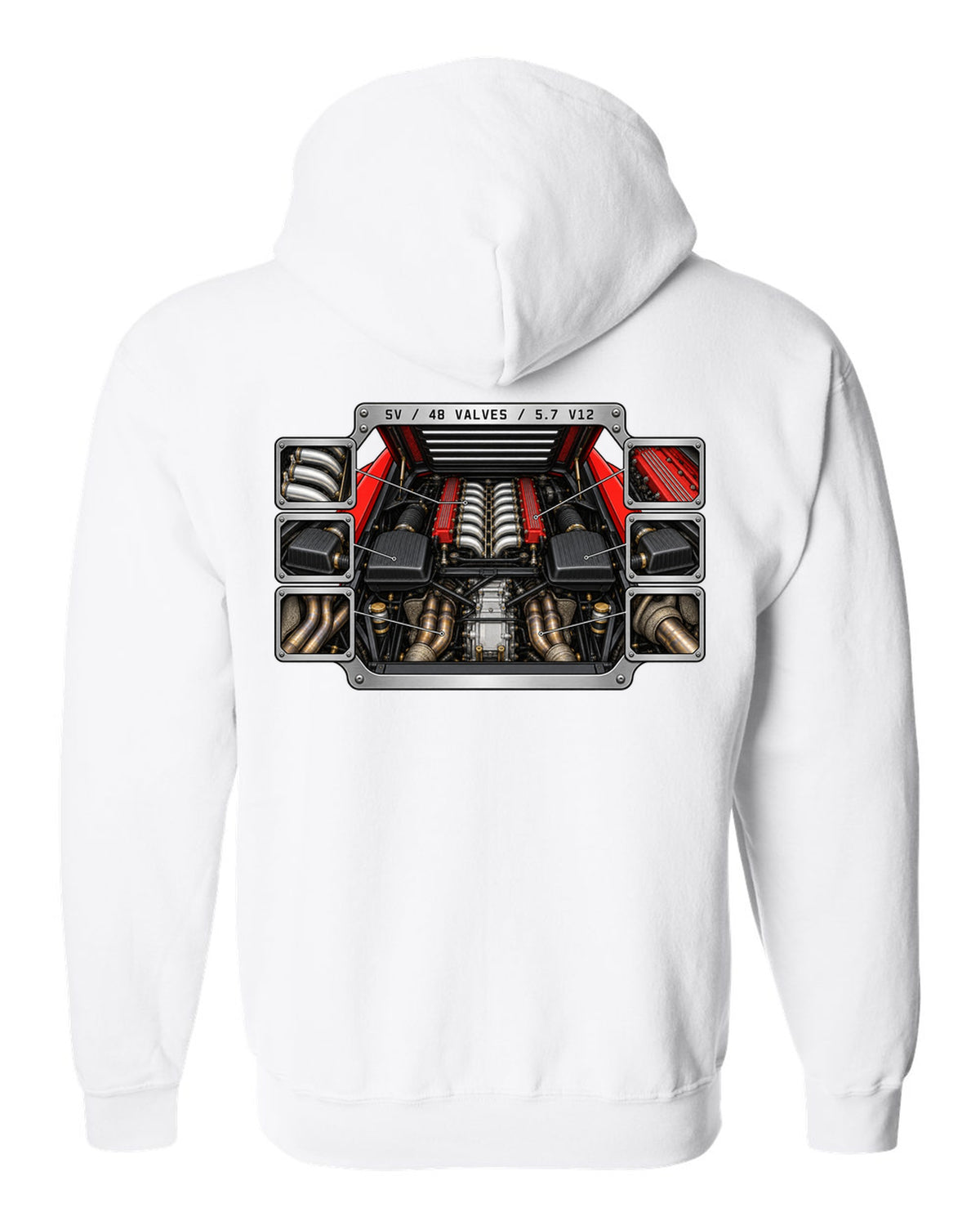Spec-sheet data plate for a 1995 Lamborghini Diablo SV with 48 valves and 5.7 V12 white zip hoodie back view with the design