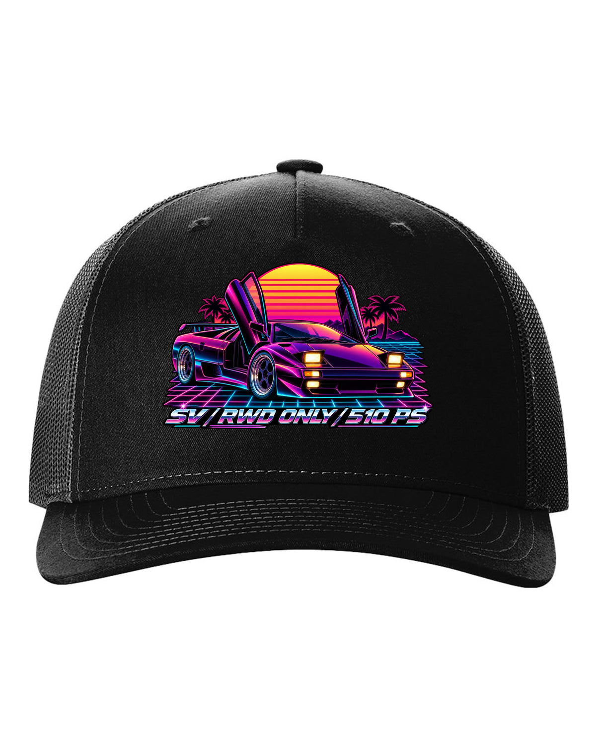 Synthwave outrun style Lamborghini Diablo SV with RWD only and 510 PS lettering black hat front view with the design