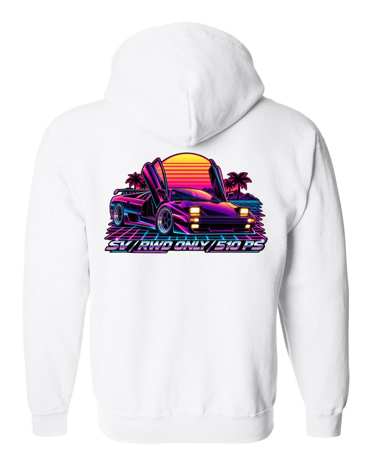 Synthwave outrun style Lamborghini Diablo SV with RWD only and 510 PS lettering white zip hoodie back view with the design
