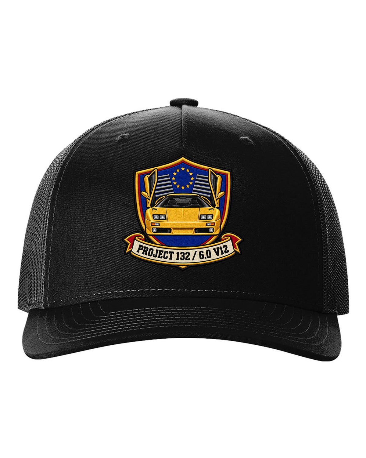 Varsity embroidery crest for a 2000 Lamborghini Diablo VT 6.0 reading Project 132 and 6.0 V12 black hat front view with the design