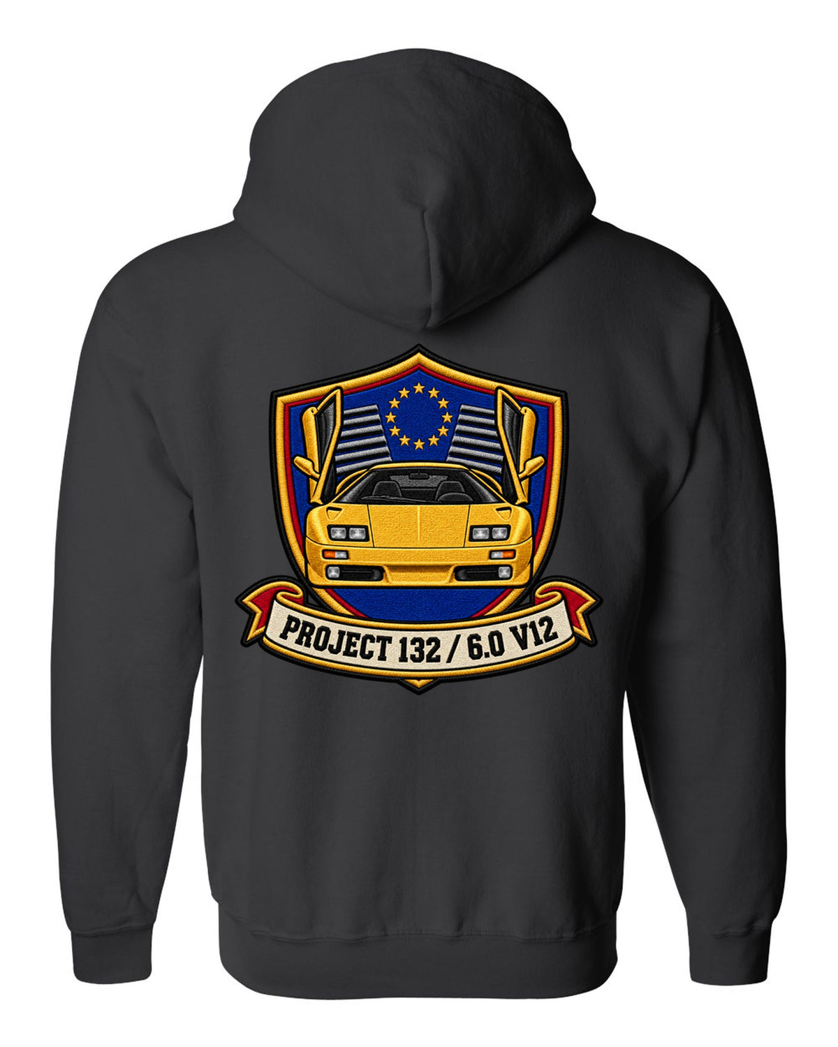 Varsity embroidery crest for a 2000 Lamborghini Diablo VT 6.0 reading Project 132 and 6.0 V12 black zip hoodie back view with the design