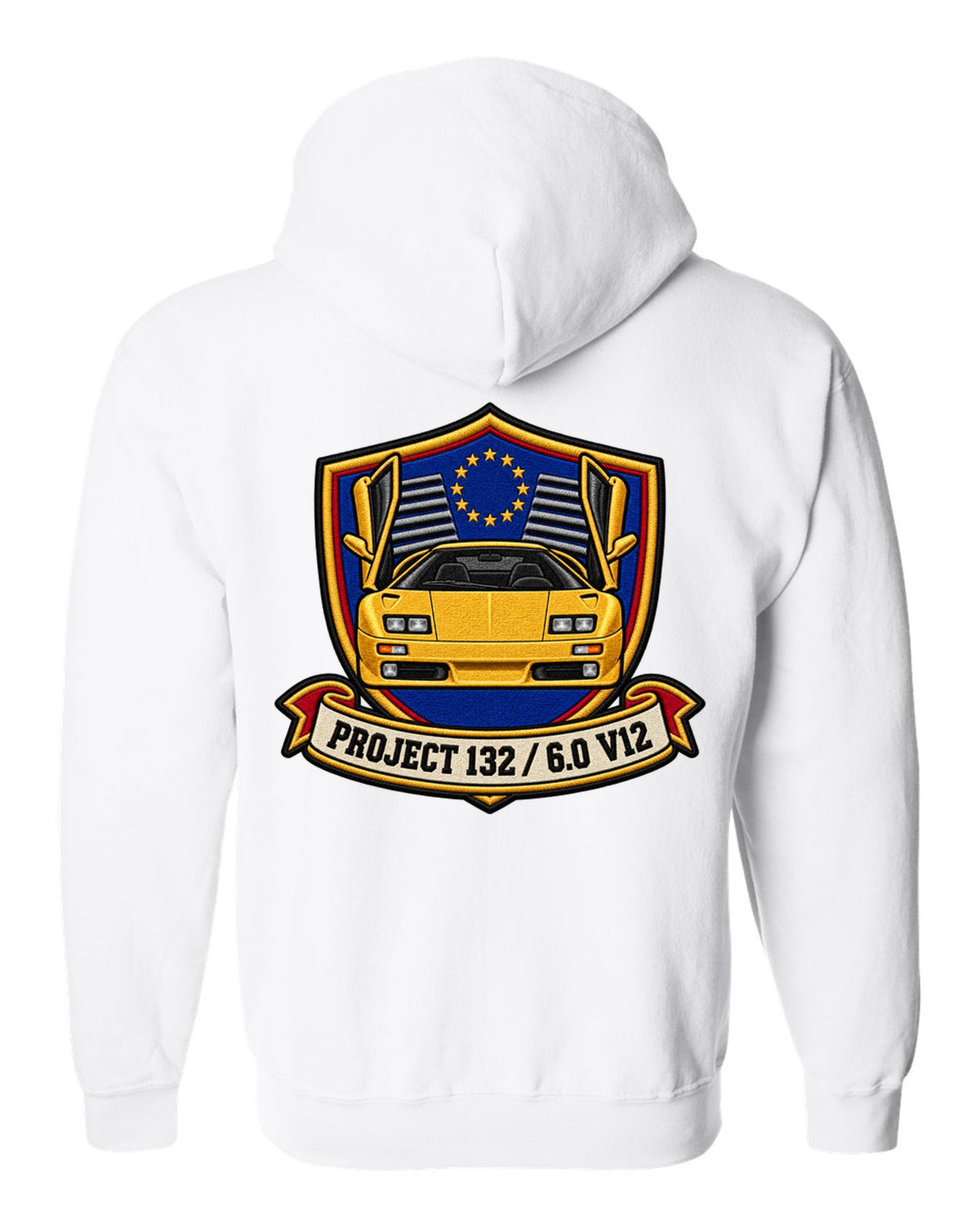 Varsity embroidery crest for a 2000 Lamborghini Diablo VT 6.0 reading Project 132 and 6.0 V12 white zip hoodie back view with the design