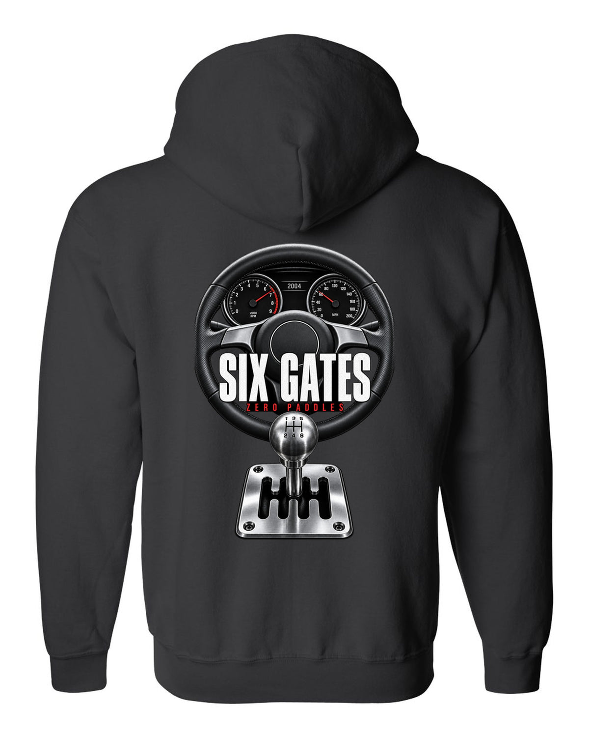 Cockpit print of a Lamborghini Gallardo with gated six-speed shifter and Six Gates text black zip hoodie back view with the design