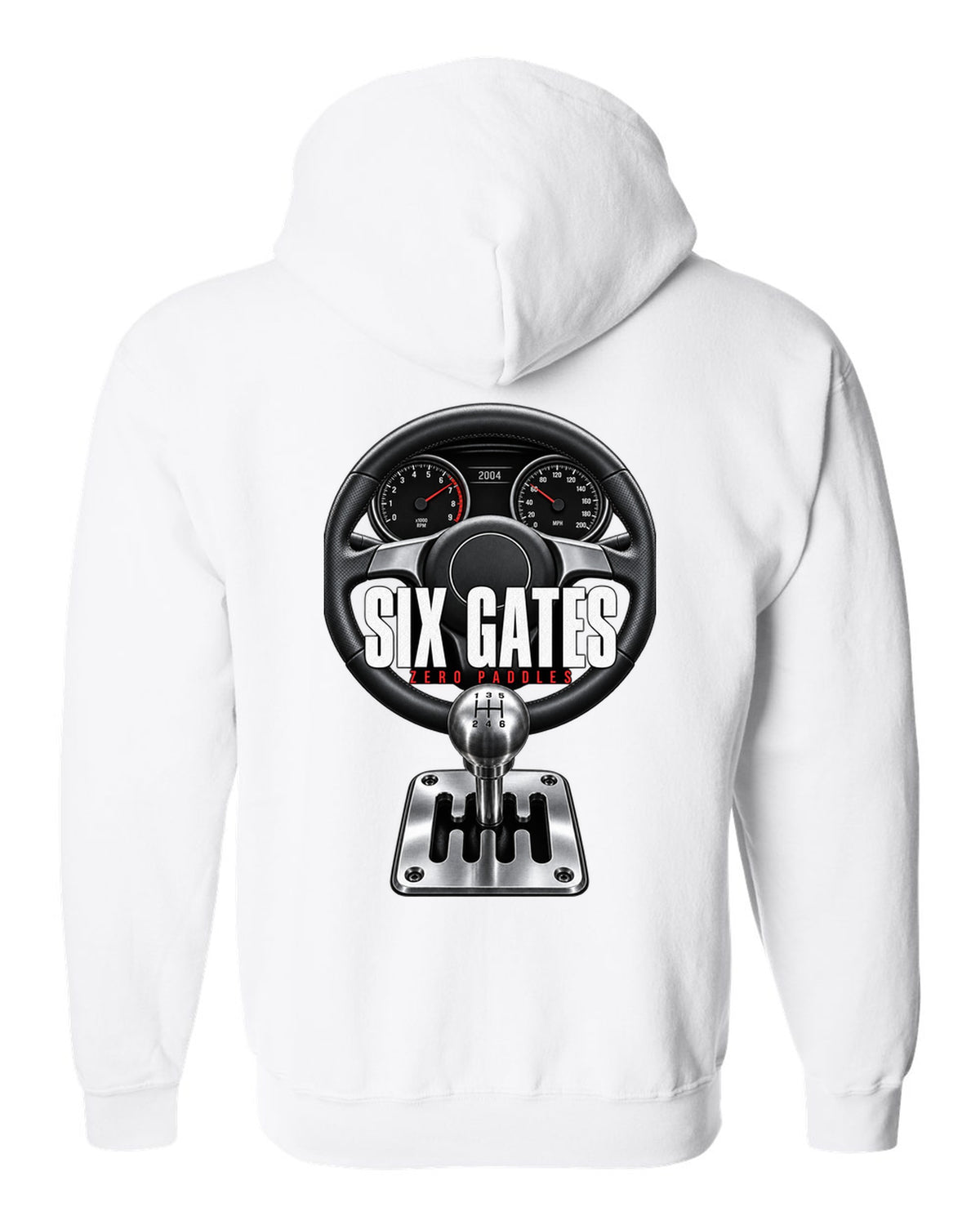 Cockpit print of a Lamborghini Gallardo with gated six-speed shifter and Six Gates text white zip hoodie back view with the design