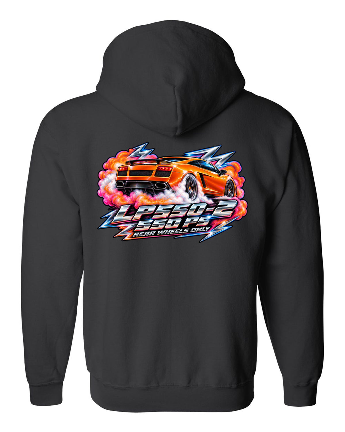 80s airbrush chrome design of a Lamborghini Gallardo LP550-2 with rear wheels only text black zip hoodie back view with the design