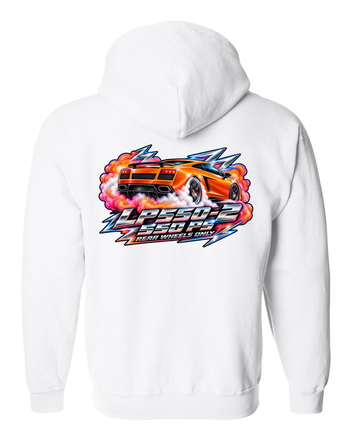 80s airbrush chrome design of a Lamborghini Gallardo LP550-2 with rear wheels only text white zip hoodie back view with the design